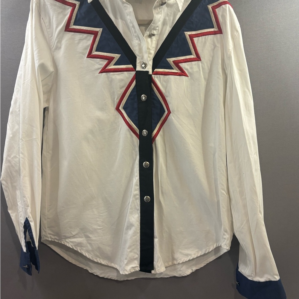 Vintage cowboy White Button-Up Shirt with Red and Blue Accents size med Reno